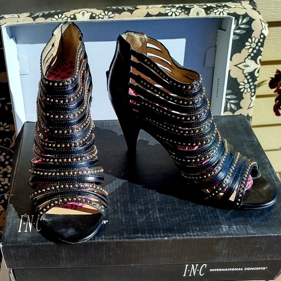 JUST REDUCED !!! INC Black Leather Strappy Open Toe Bootie Size 6.5 - Picture 1 of 2